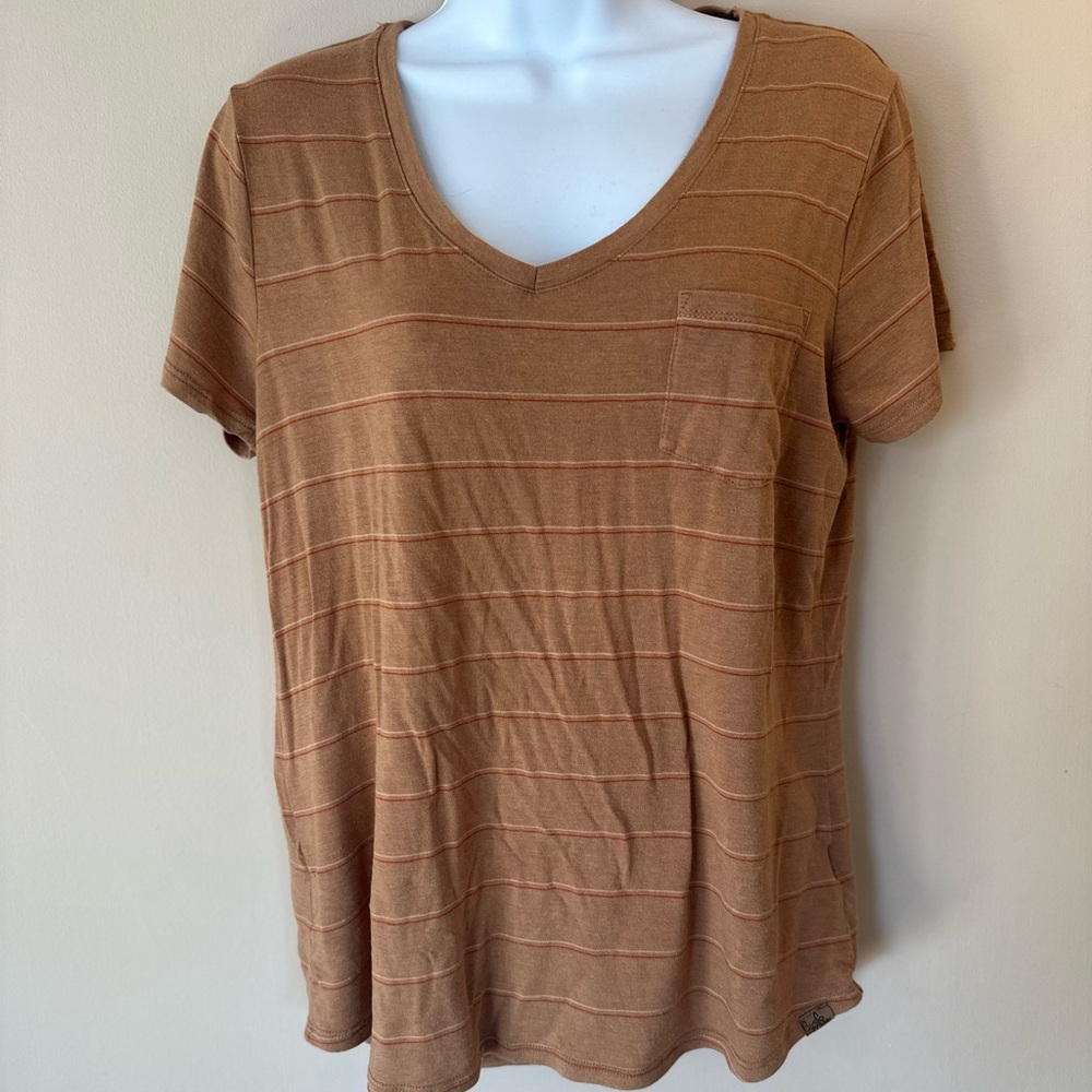 Prana Brown Striped V-Neck Tee